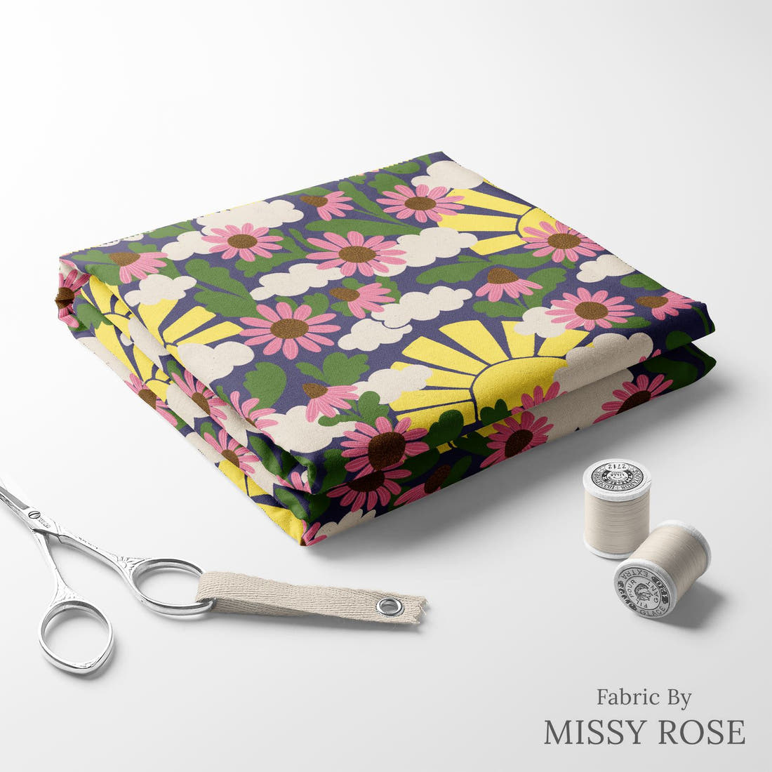 Rosie Browett 01 folded fabric stack with matching thread - pre-order fabric Australia | Fabric by Missy Rose