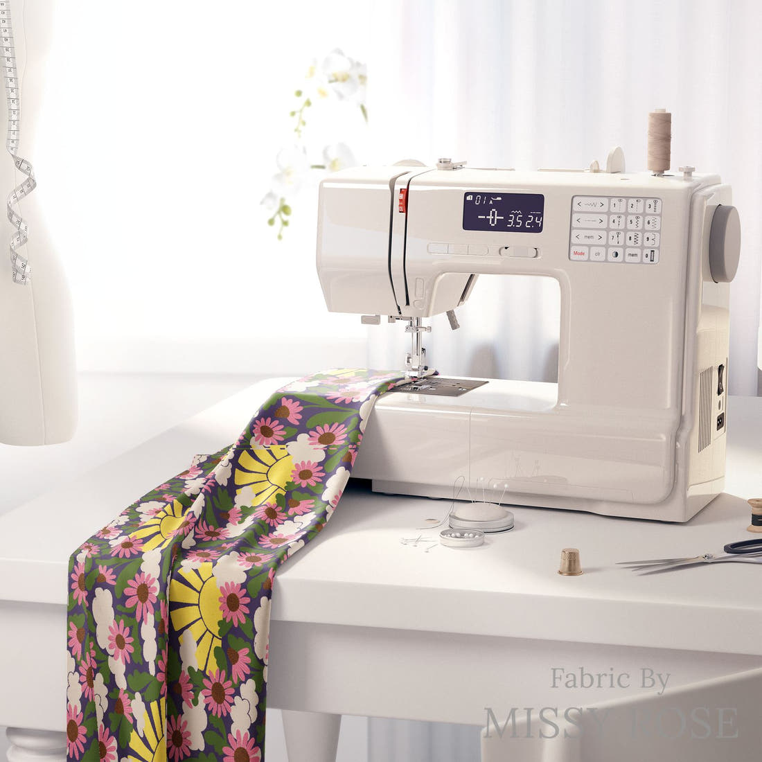 Rosie Browett 01 on a sewing machine - premium fabric for sewing projects | Fabric by Missy Rose