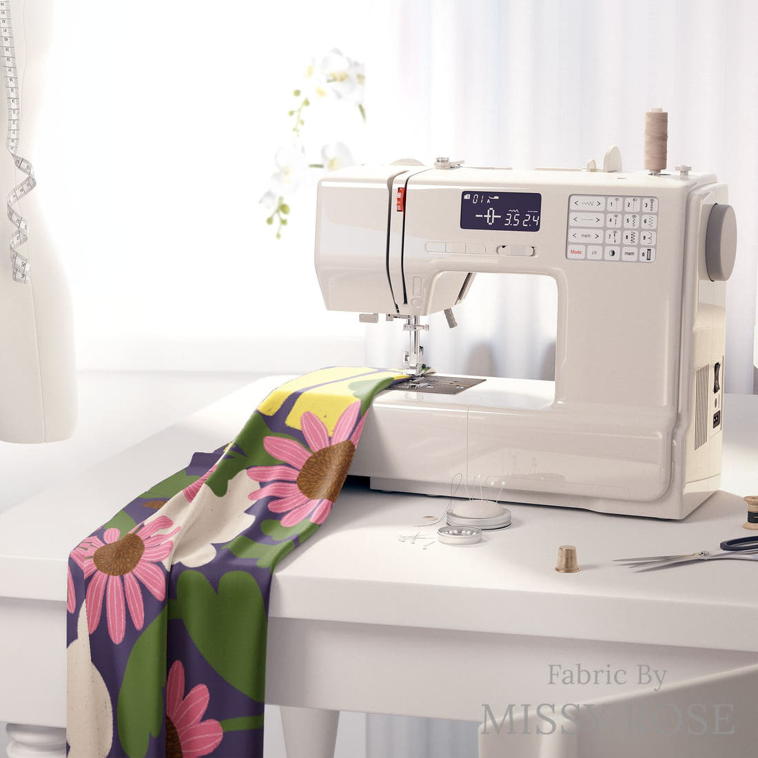 Rosie Browett 01 on a sewing machine - premium fabric for sewing projects | Fabric by Missy Rose