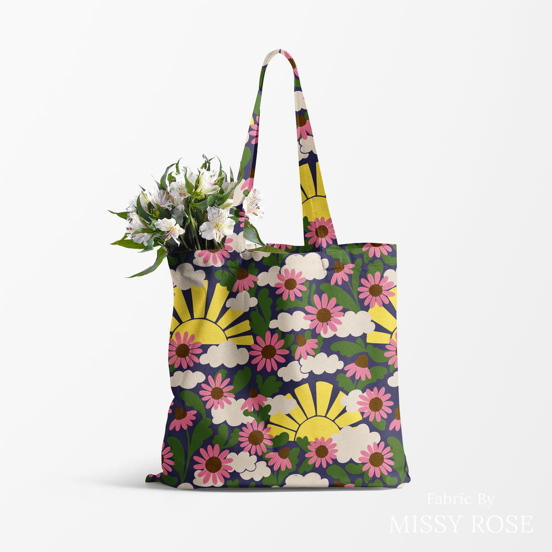 Rosie Browett 01 sewn into a tote bag - see how the print looks made up | Fabric by Missy Rose
