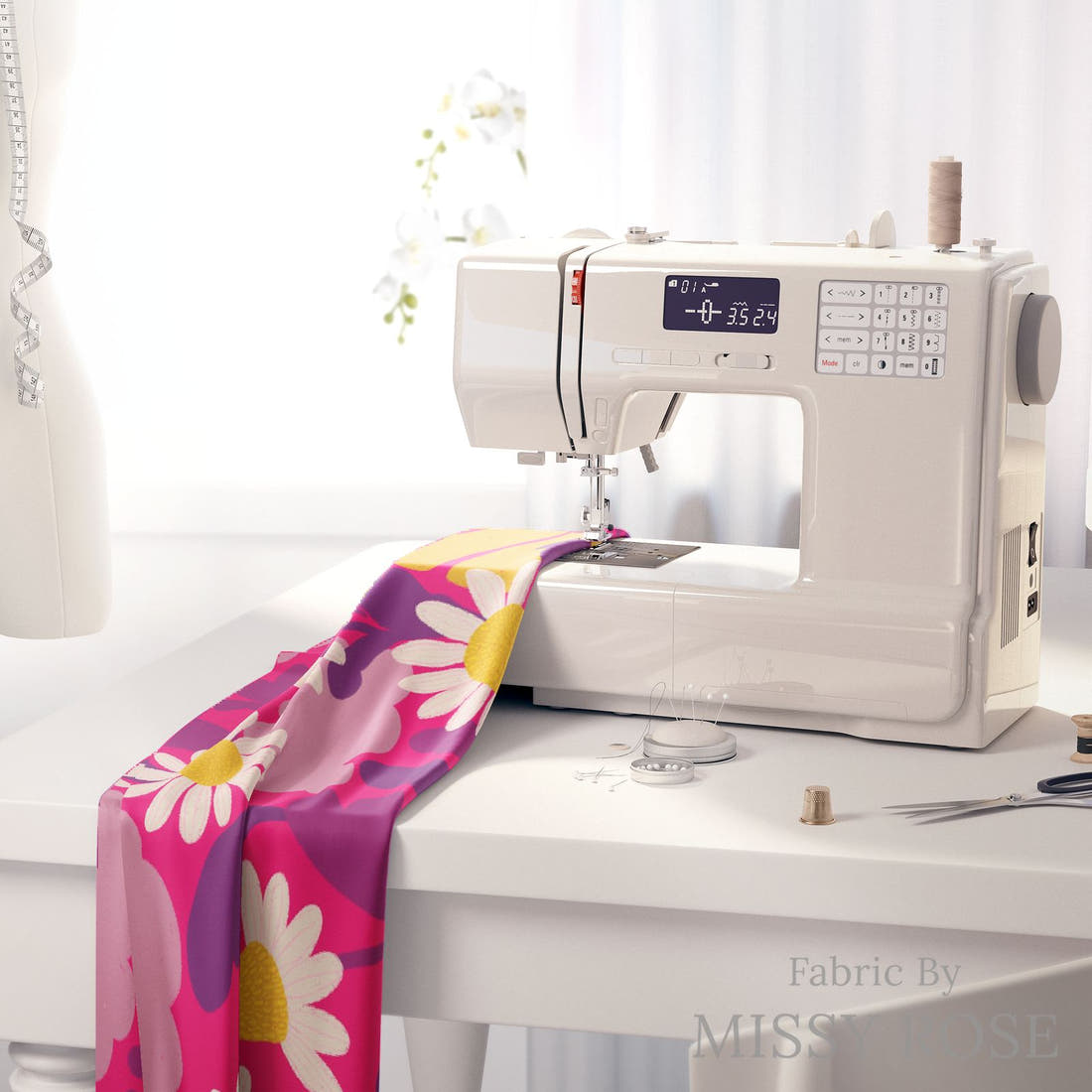 Rosie Browett 02 on a sewing machine - premium fabric for sewing projects | Fabric by Missy Rose