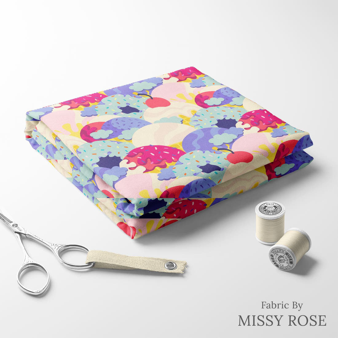 Rosie Browett 03 folded fabric stack with matching thread - pre-order fabric Australia | Fabric by Missy Rose