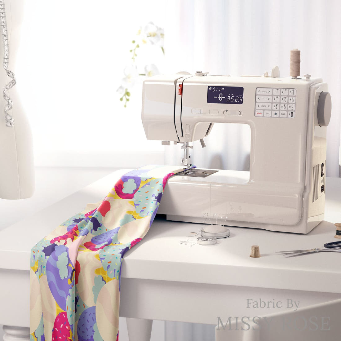 Rosie Browett 03 on a sewing machine - premium fabric for sewing projects | Fabric by Missy Rose