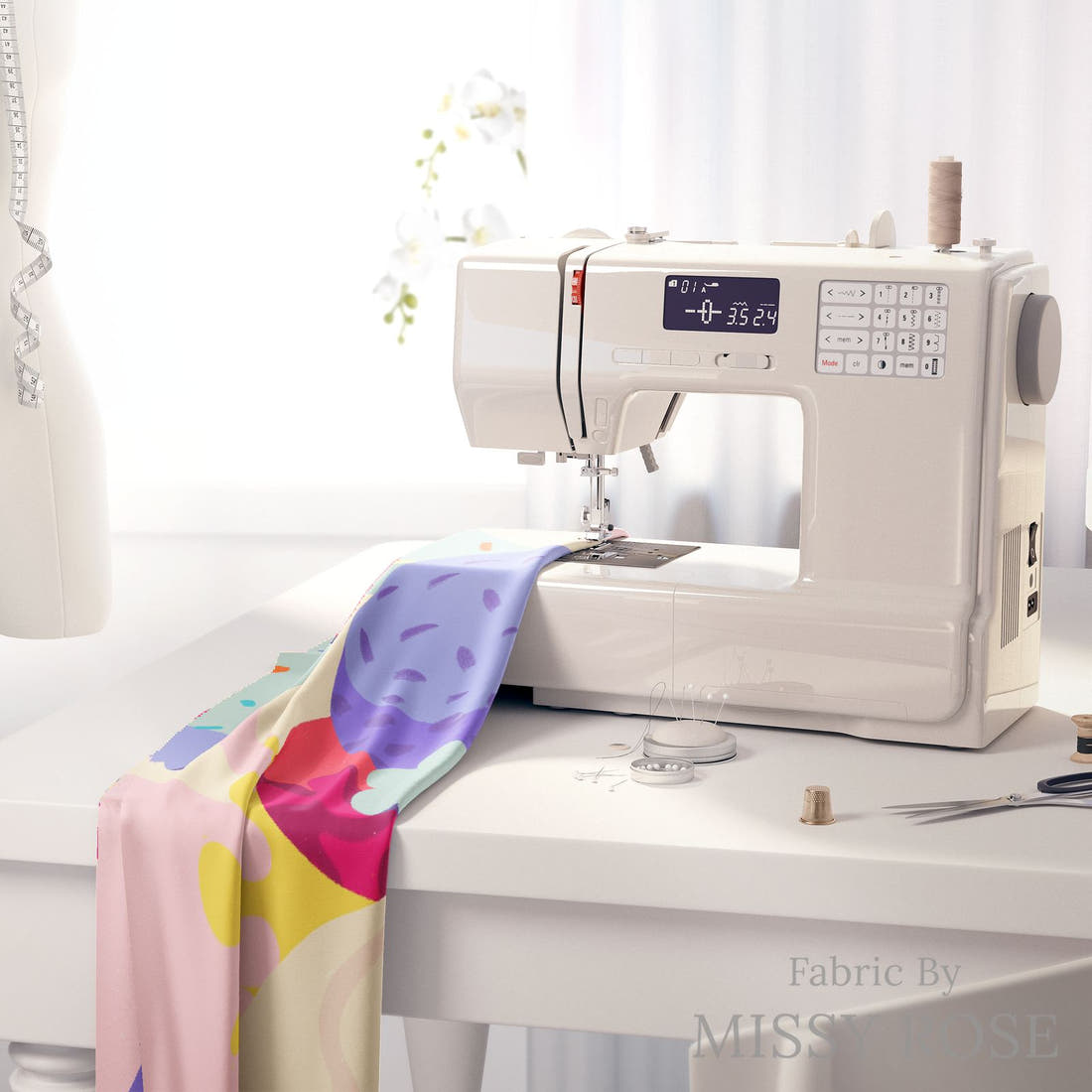 Rosie Browett 03 on a sewing machine - premium fabric for sewing projects | Fabric by Missy Rose