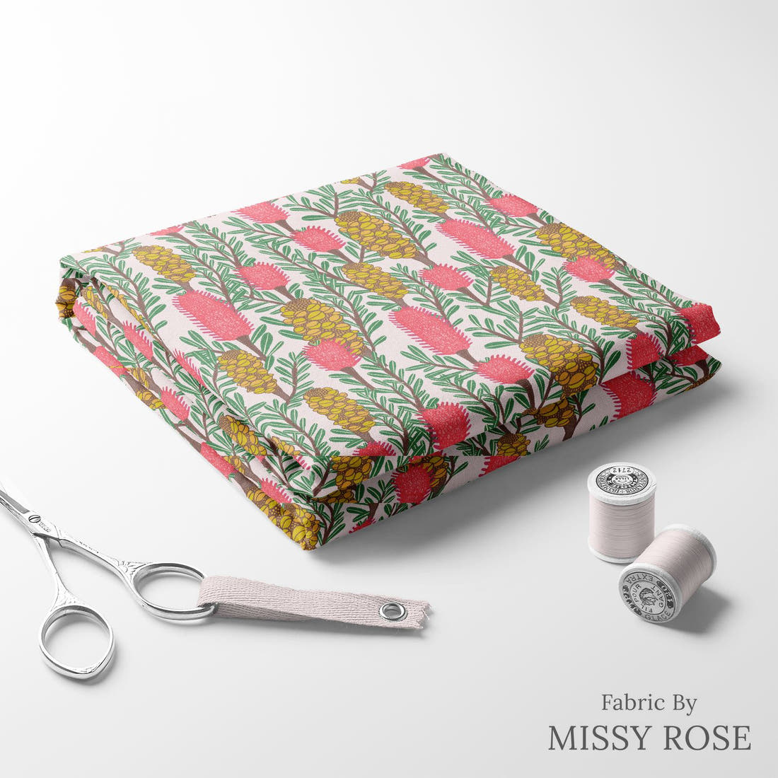 Rosie Browett 05 folded fabric stack with matching thread - pre-order fabric Australia | Fabric by Missy Rose