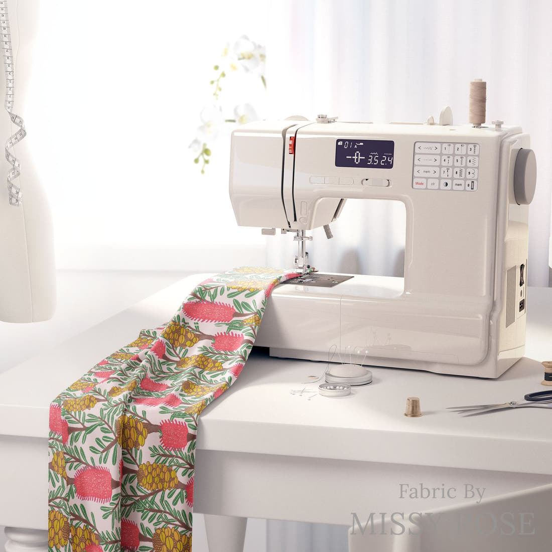 Rosie Browett 05 on a sewing machine - premium fabric for sewing projects | Fabric by Missy Rose
