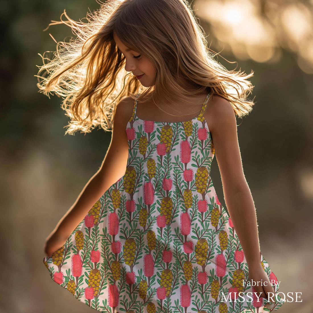Rosie Browett 05 sewn into a girl dress - see how the print looks made up | Fabric by Missy Rose