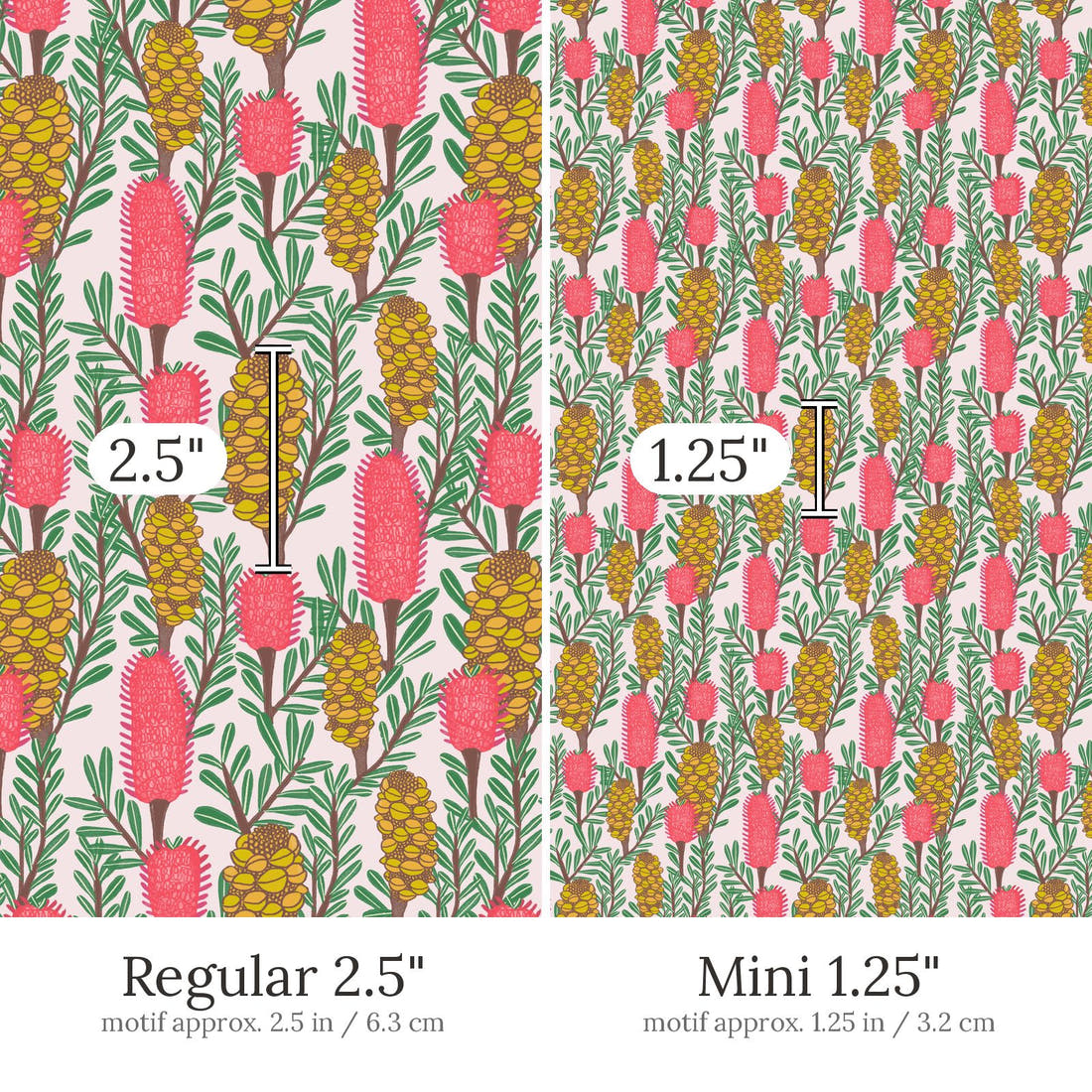 Rosie Browett 05 Regular 2.5 inch vs Mini 1.25 inch print scale side by side | Fabric by Missy Rose