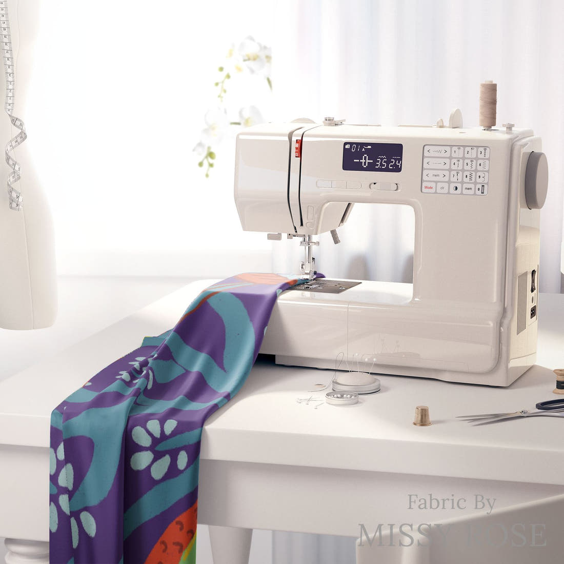 Rosie Browett 06 on a sewing machine - premium fabric for sewing projects | Fabric by Missy Rose