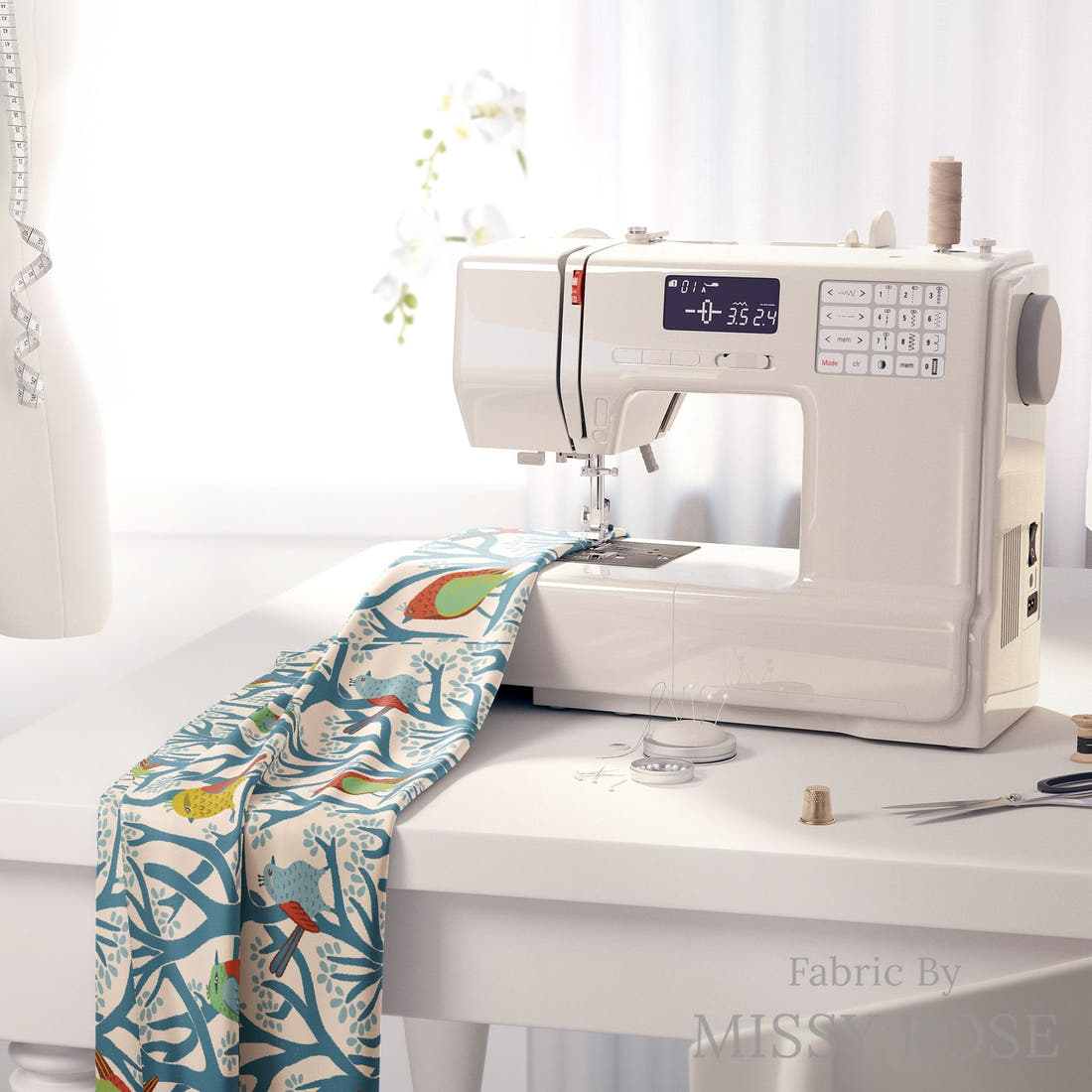 Rosie Browett 07 on a sewing machine - premium fabric for sewing projects | Fabric by Missy Rose