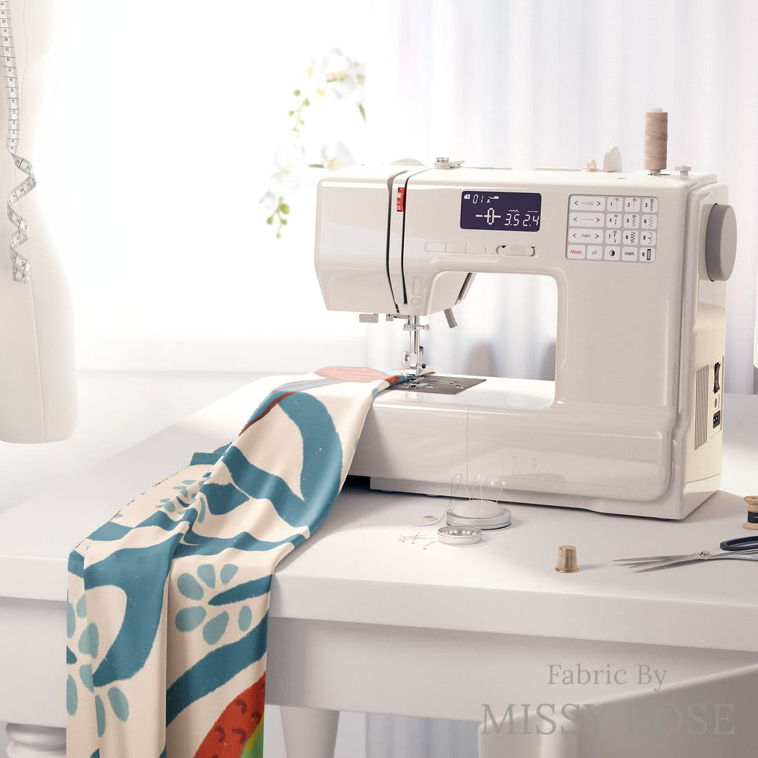 Rosie Browett 07 on a sewing machine - premium fabric for sewing projects | Fabric by Missy Rose