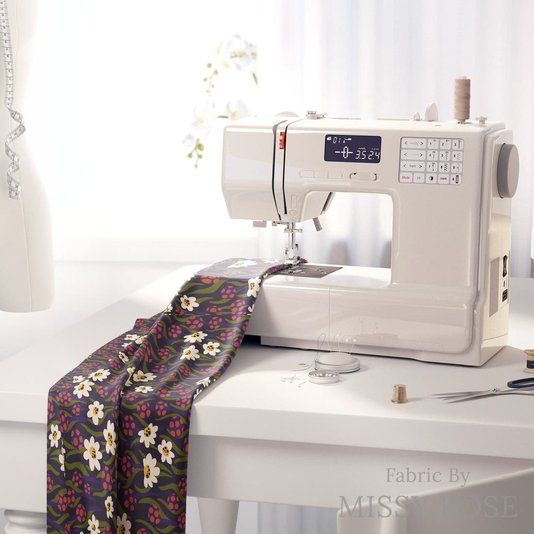 Rosie Browett 08 on a sewing machine - premium fabric for sewing projects | Fabric by Missy Rose