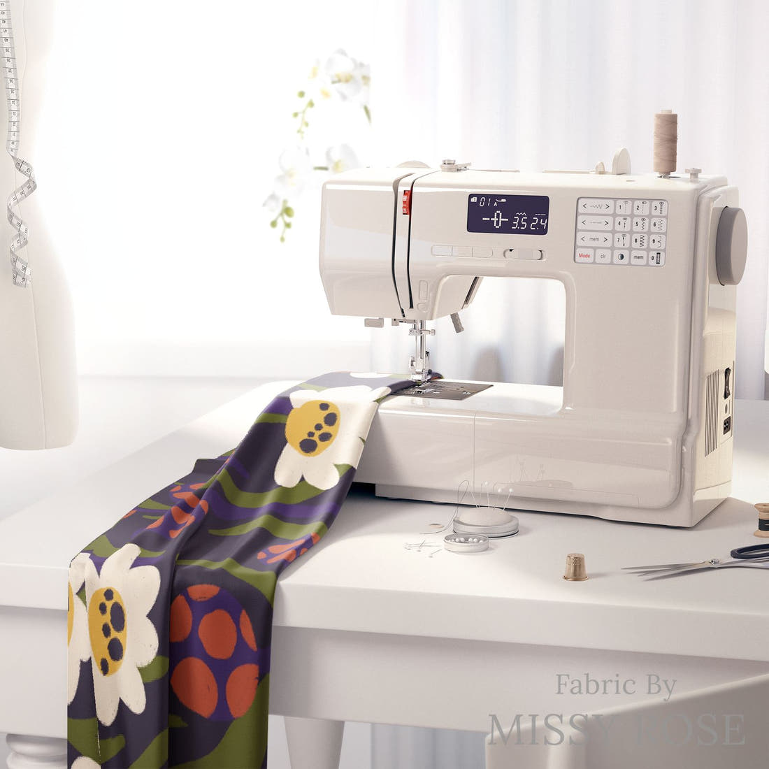 Rosie Browett 08 on a sewing machine - premium fabric for sewing projects | Fabric by Missy Rose