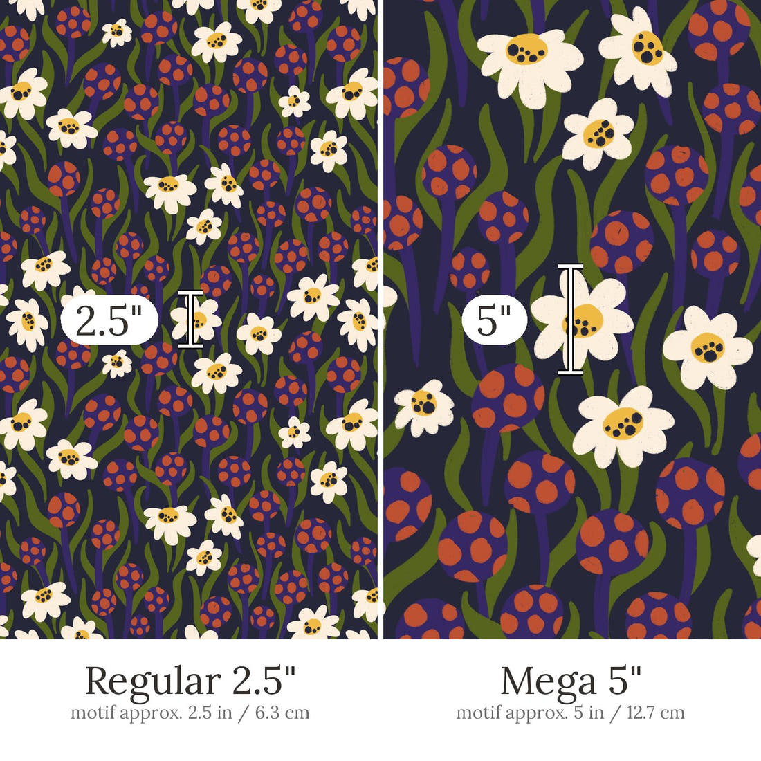 Rosie Browett 08 Regular 2.5 inch vs Mega 5 inch print scale side by side | Fabric by Missy Rose