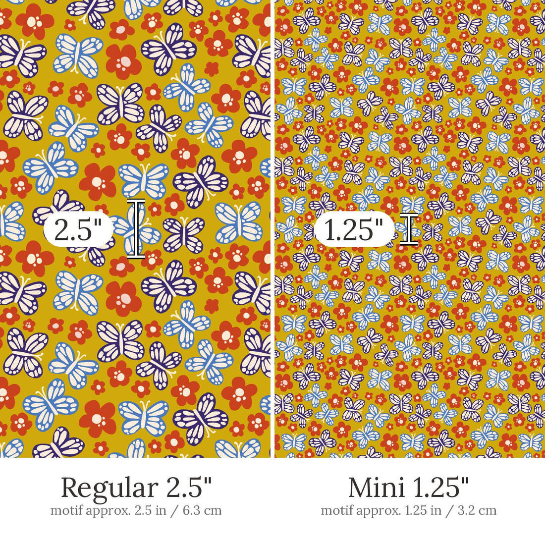 Rosie Browett 09 Regular 2.5 inch vs Mini 1.25 inch print scale side by side | Fabric by Missy Rose