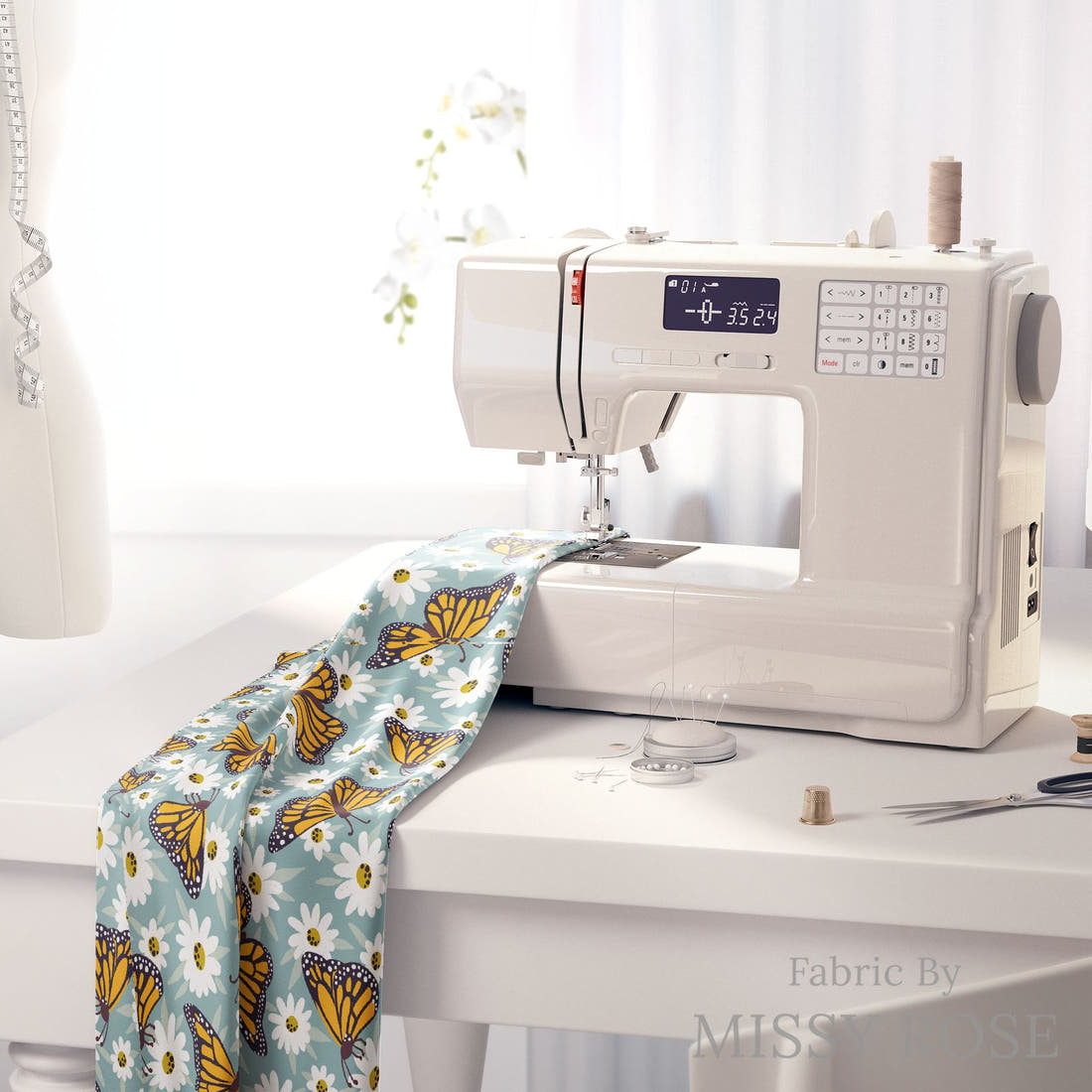 Rosie Browett 10 on a sewing machine - premium fabric for sewing projects | Fabric by Missy Rose