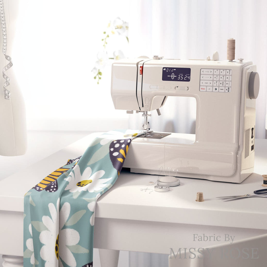 Rosie Browett 10 on a sewing machine - premium fabric for sewing projects | Fabric by Missy Rose