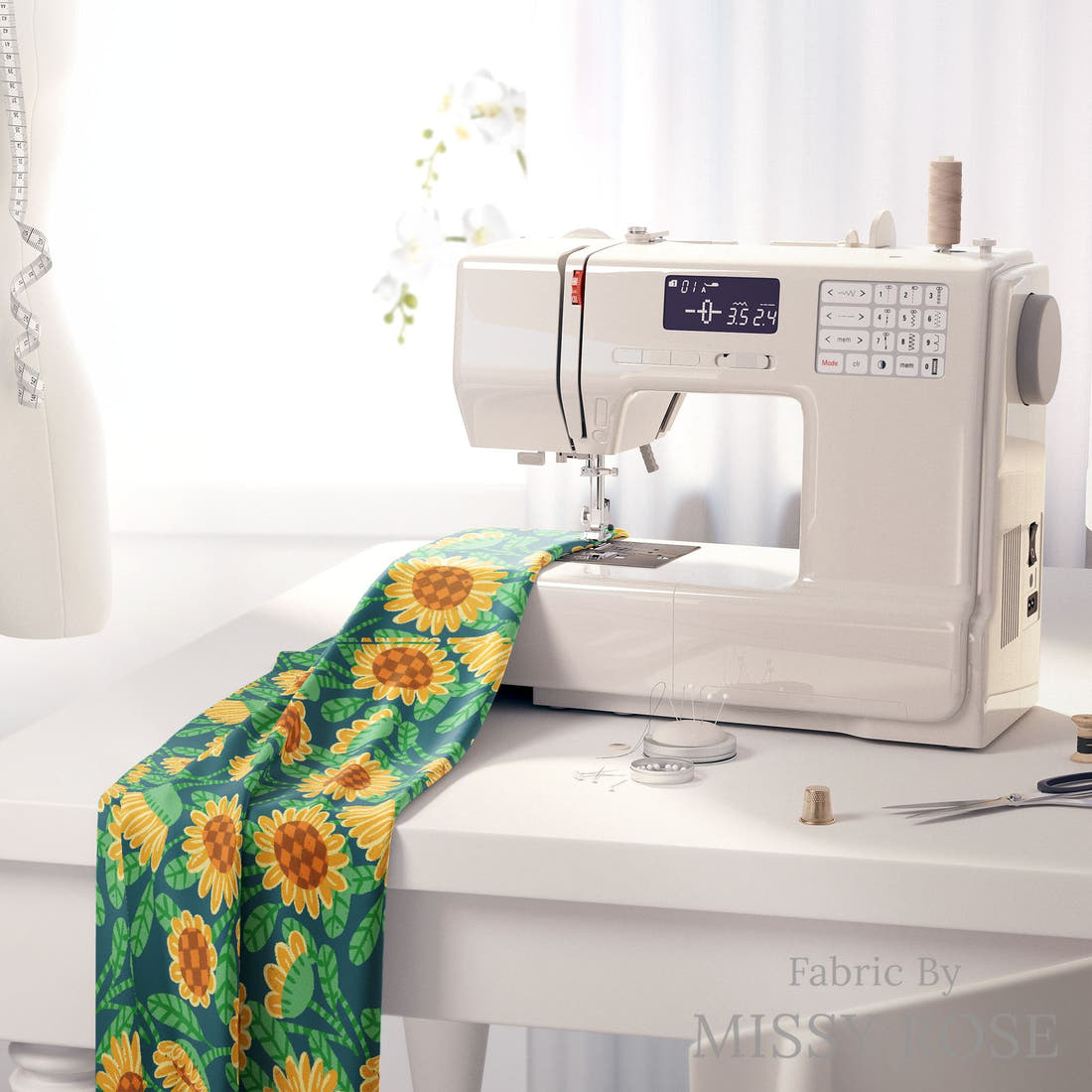 Rosie Browett 11 on a sewing machine - premium fabric for sewing projects | Fabric by Missy Rose