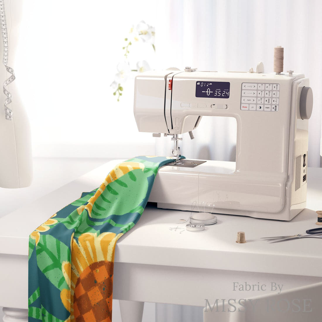 Rosie Browett 11 on a sewing machine - premium fabric for sewing projects | Fabric by Missy Rose