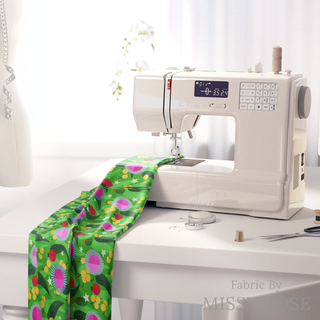 Rosie Browett 12 on a sewing machine - premium fabric for sewing projects | Fabric by Missy Rose