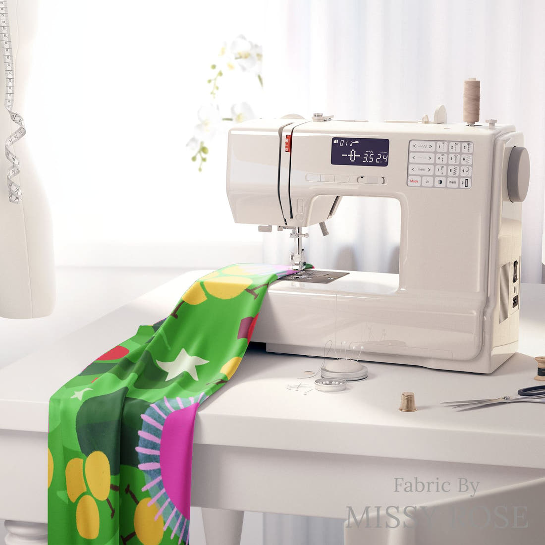 Rosie Browett 12 on a sewing machine - premium fabric for sewing projects | Fabric by Missy Rose