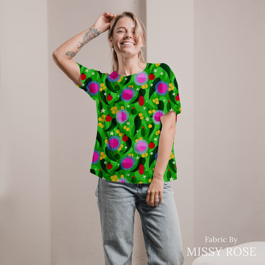 Rosie Browett 12 sewn into a allover shirt - see how the print looks made up | Fabric by Missy Rose