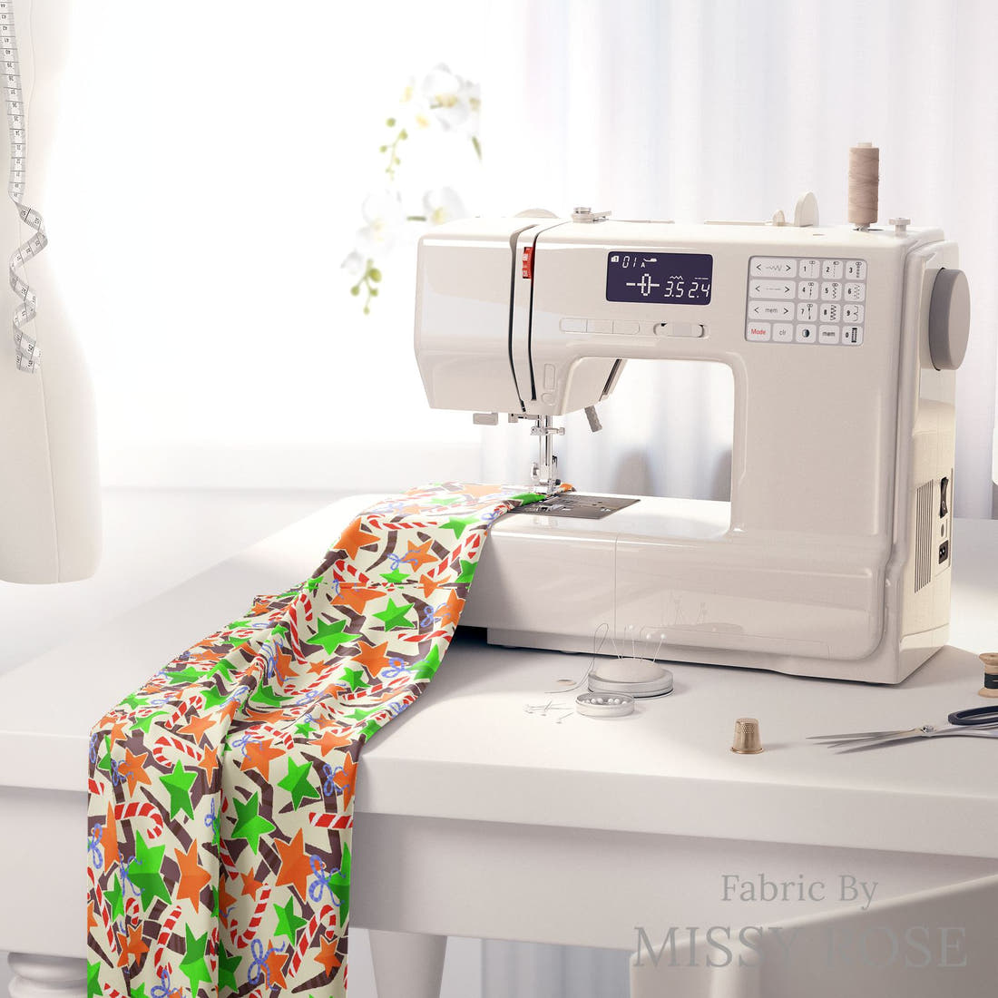 Rosie Browett 13 on a sewing machine - premium fabric for sewing projects | Fabric by Missy Rose