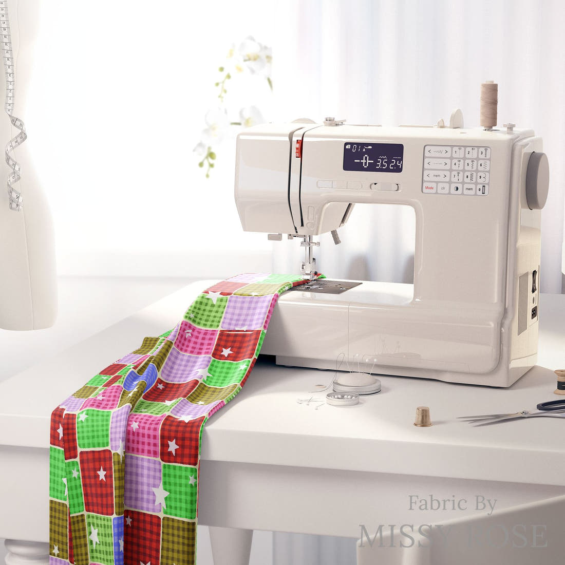 Rosie Browett 14 on a sewing machine - premium fabric for sewing projects | Fabric by Missy Rose