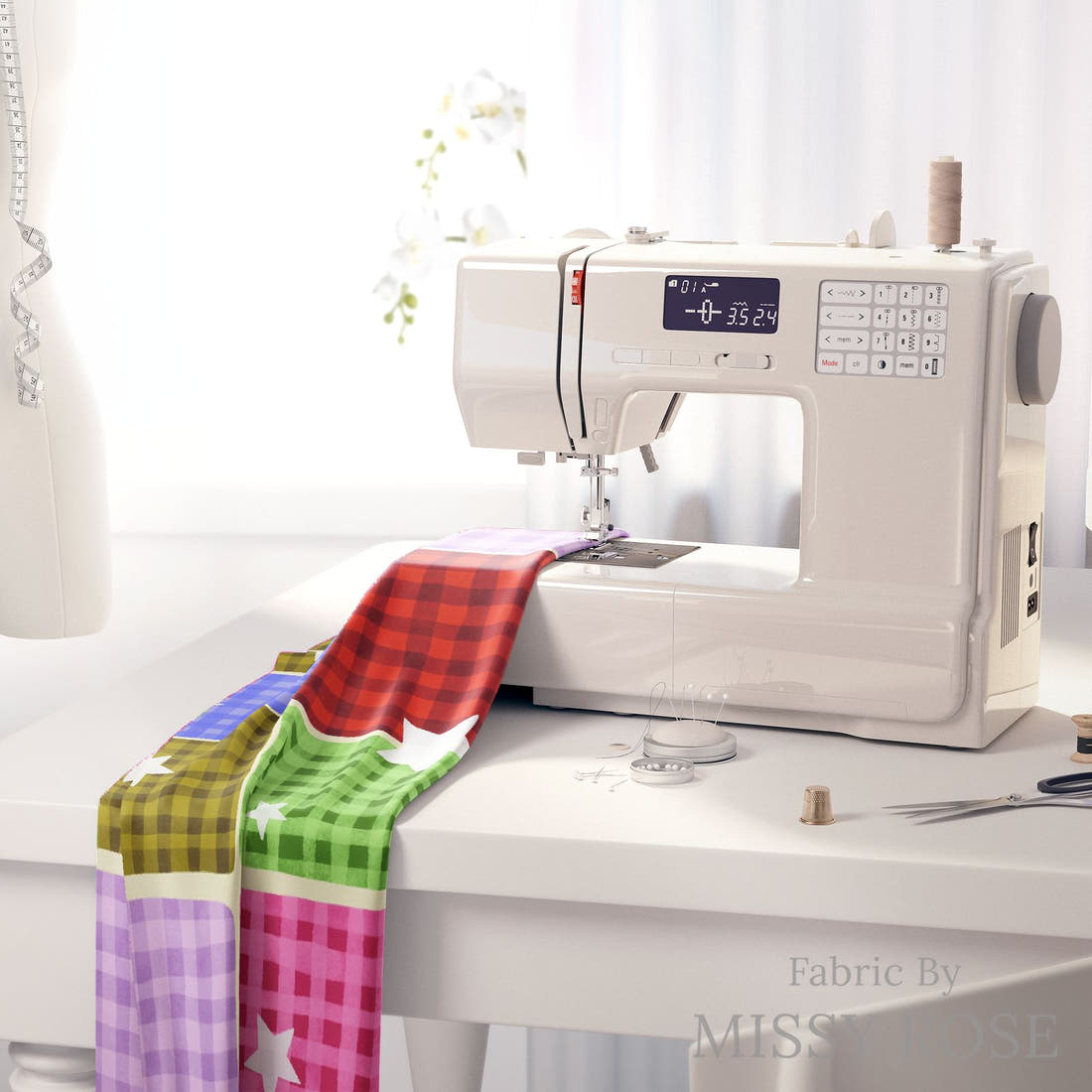 Rosie Browett 14 on a sewing machine - premium fabric for sewing projects | Fabric by Missy Rose