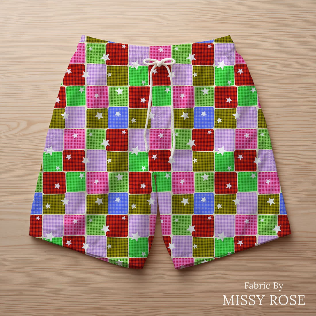 Rosie Browett 14 sewn into a swim trunks - see how the print looks made up | Fabric by Missy Rose