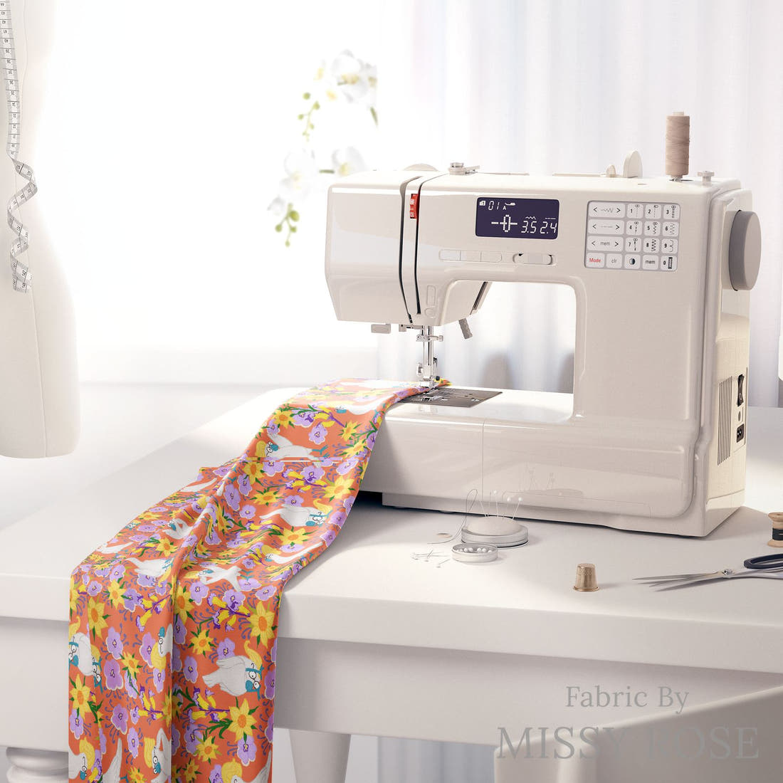 Rosie Browett 16 on a sewing machine - premium fabric for sewing projects | Fabric by Missy Rose