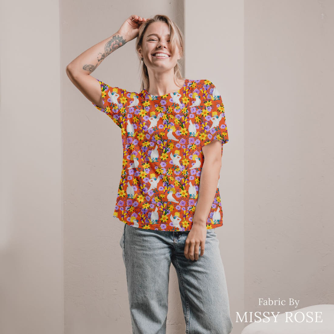 Rosie Browett 16 sewn into a allover shirt - see how the print looks made up | Fabric by Missy Rose