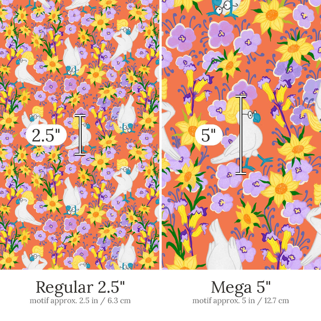Rosie Browett 16 Regular 2.5 inch vs Mega 5 inch print scale side by side | Fabric by Missy Rose