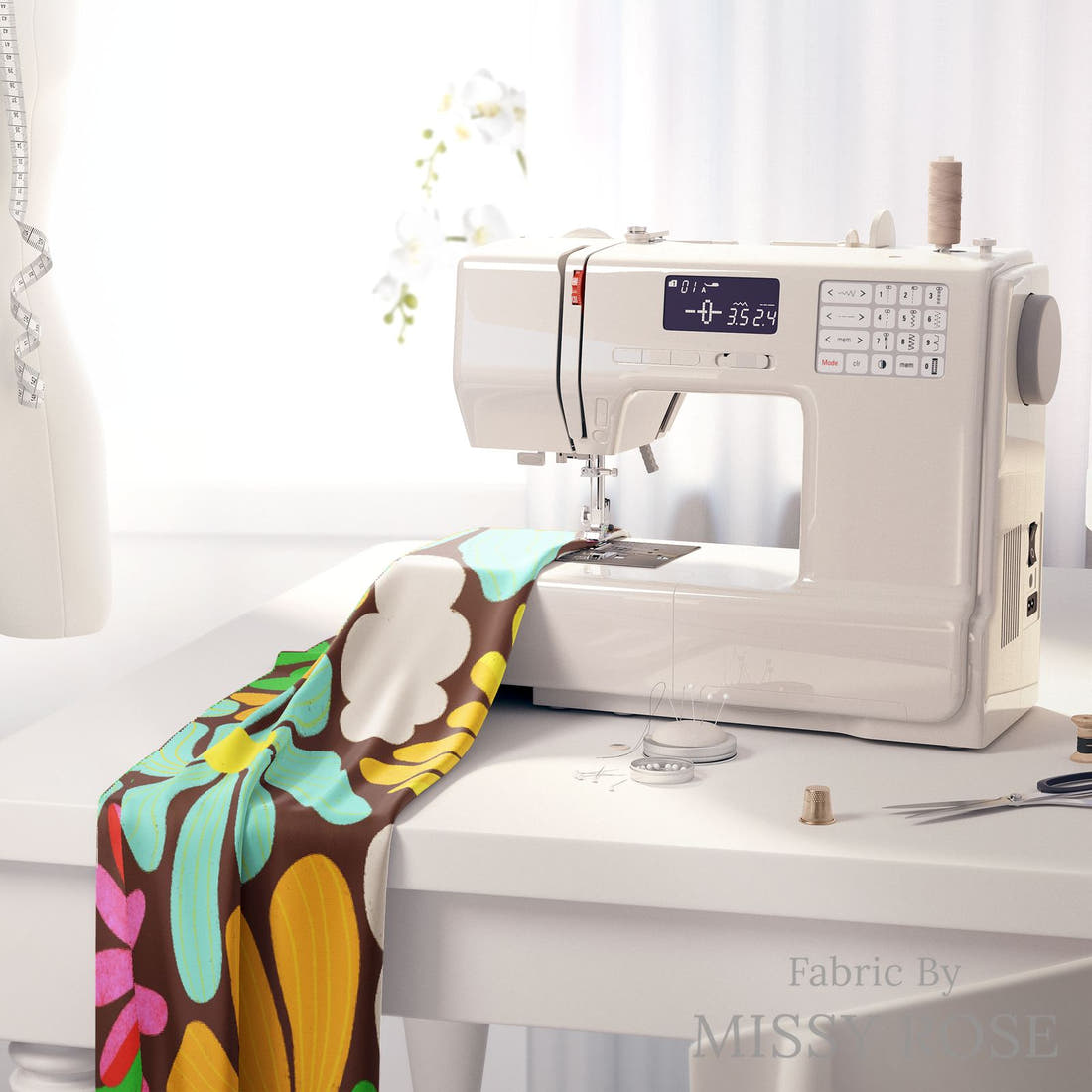 Rosie Browett 17 on a sewing machine - premium fabric for sewing projects | Fabric by Missy Rose