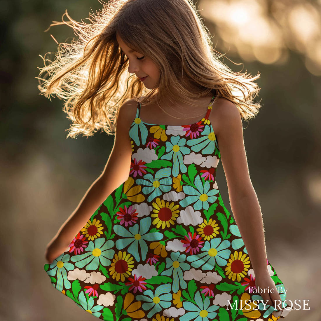 Rosie Browett 17 sewn into a girl dress - see how the print looks made up | Fabric by Missy Rose