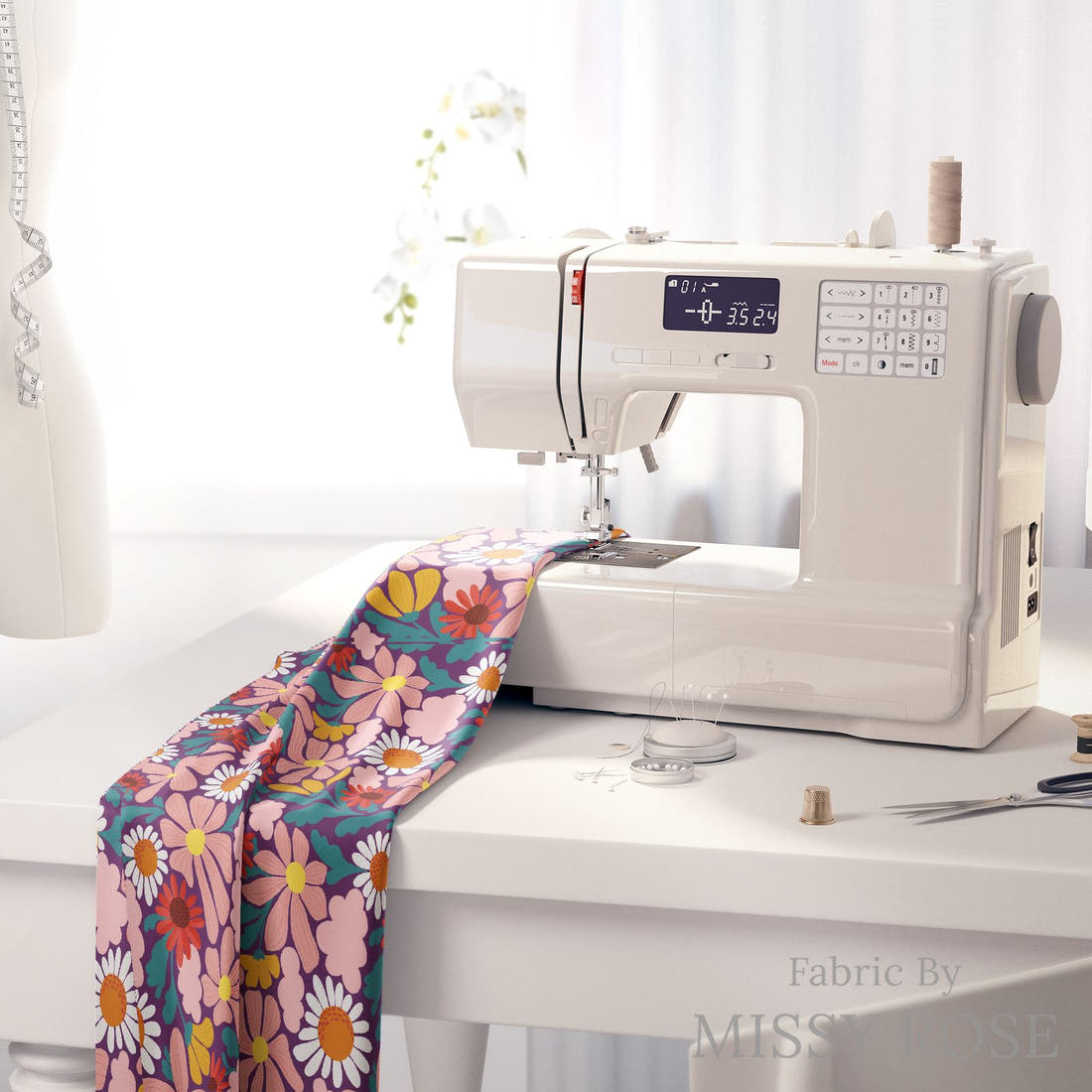Rosie Browett 18 on a sewing machine - premium fabric for sewing projects | Fabric by Missy Rose