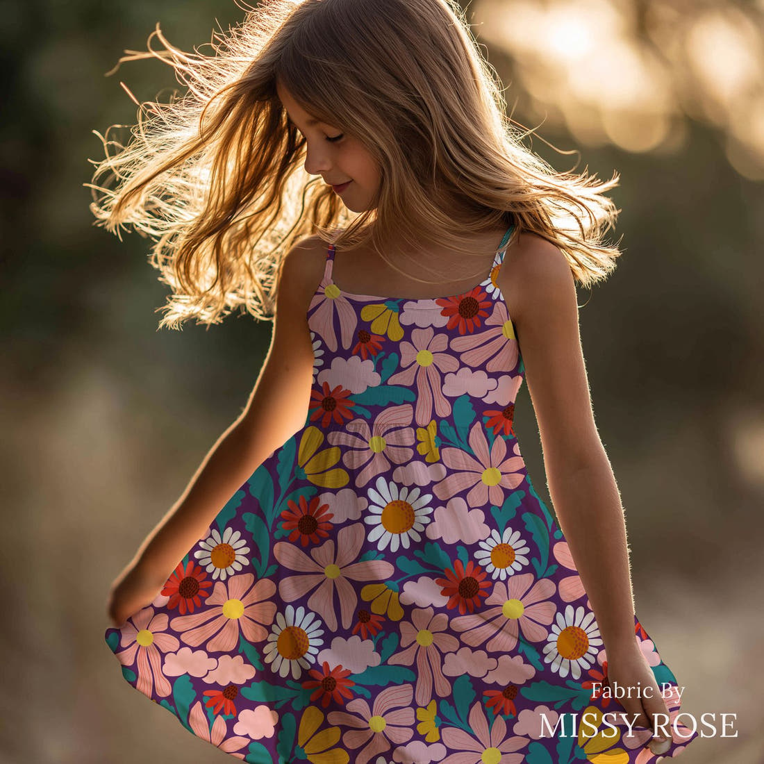 Rosie Browett 18 sewn into a girl dress - see how the print looks made up | Fabric by Missy Rose