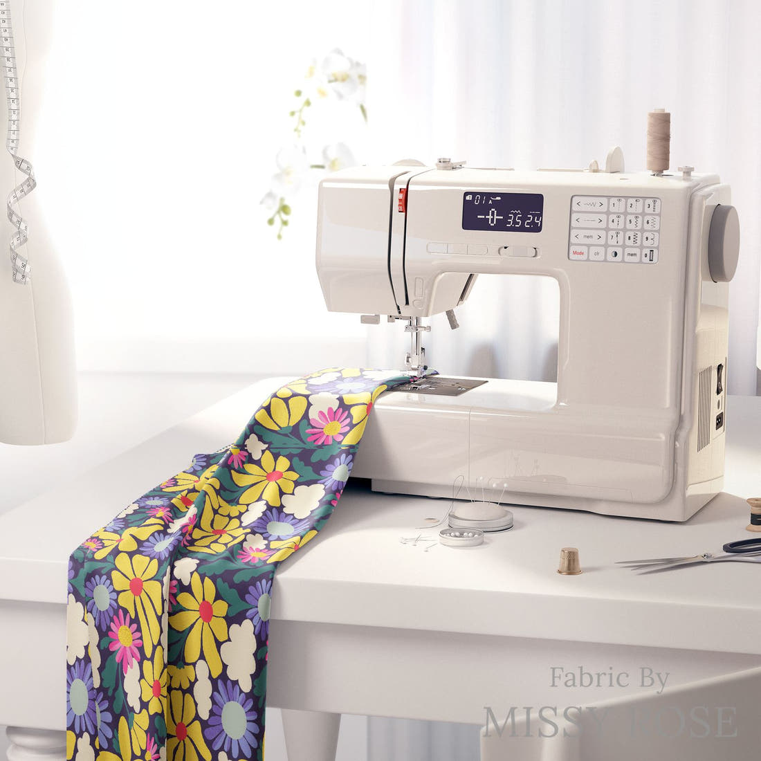 Rosie Browett 19 on a sewing machine - premium fabric for sewing projects | Fabric by Missy Rose