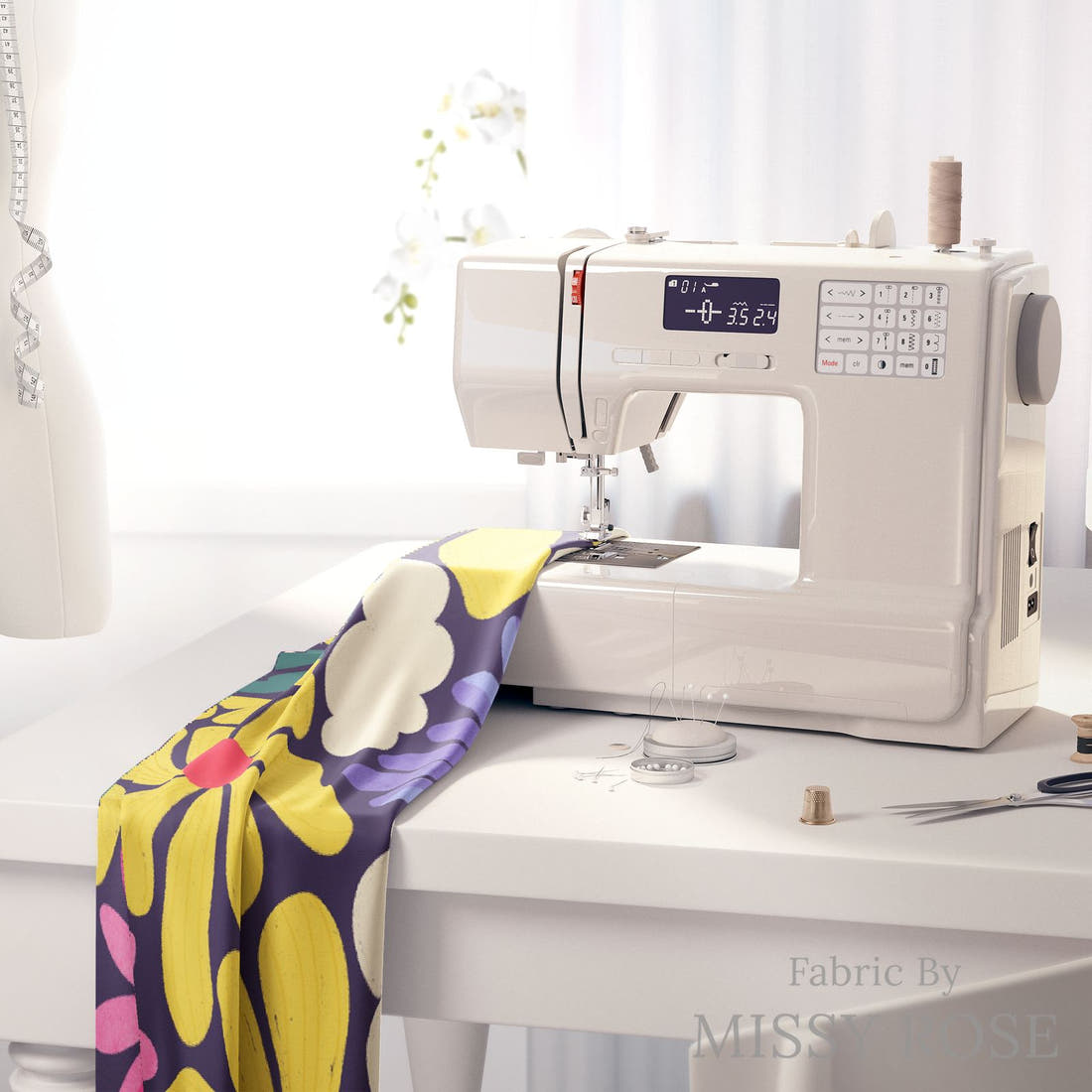 Rosie Browett 19 on a sewing machine - premium fabric for sewing projects | Fabric by Missy Rose