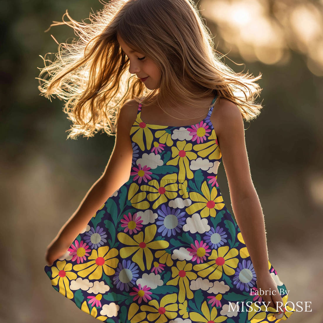Rosie Browett 19 sewn into a girl dress - see how the print looks made up | Fabric by Missy Rose