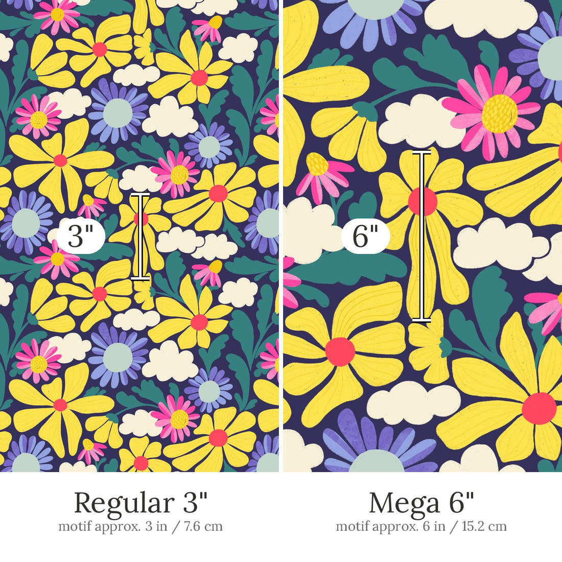 Rosie Browett 19 Regular 3 inch vs Mega 6 inch print scale side by side | Fabric by Missy Rose