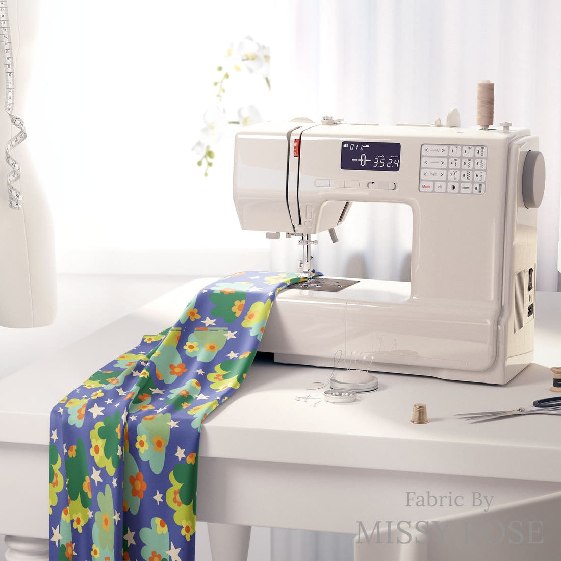Rosie Browett 20 on a sewing machine - premium fabric for sewing projects | Fabric by Missy Rose