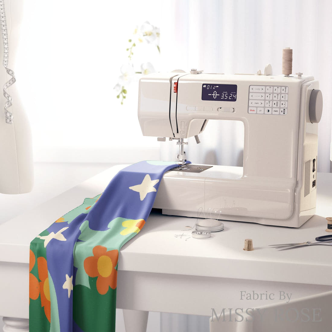 Rosie Browett 20 on a sewing machine - premium fabric for sewing projects | Fabric by Missy Rose
