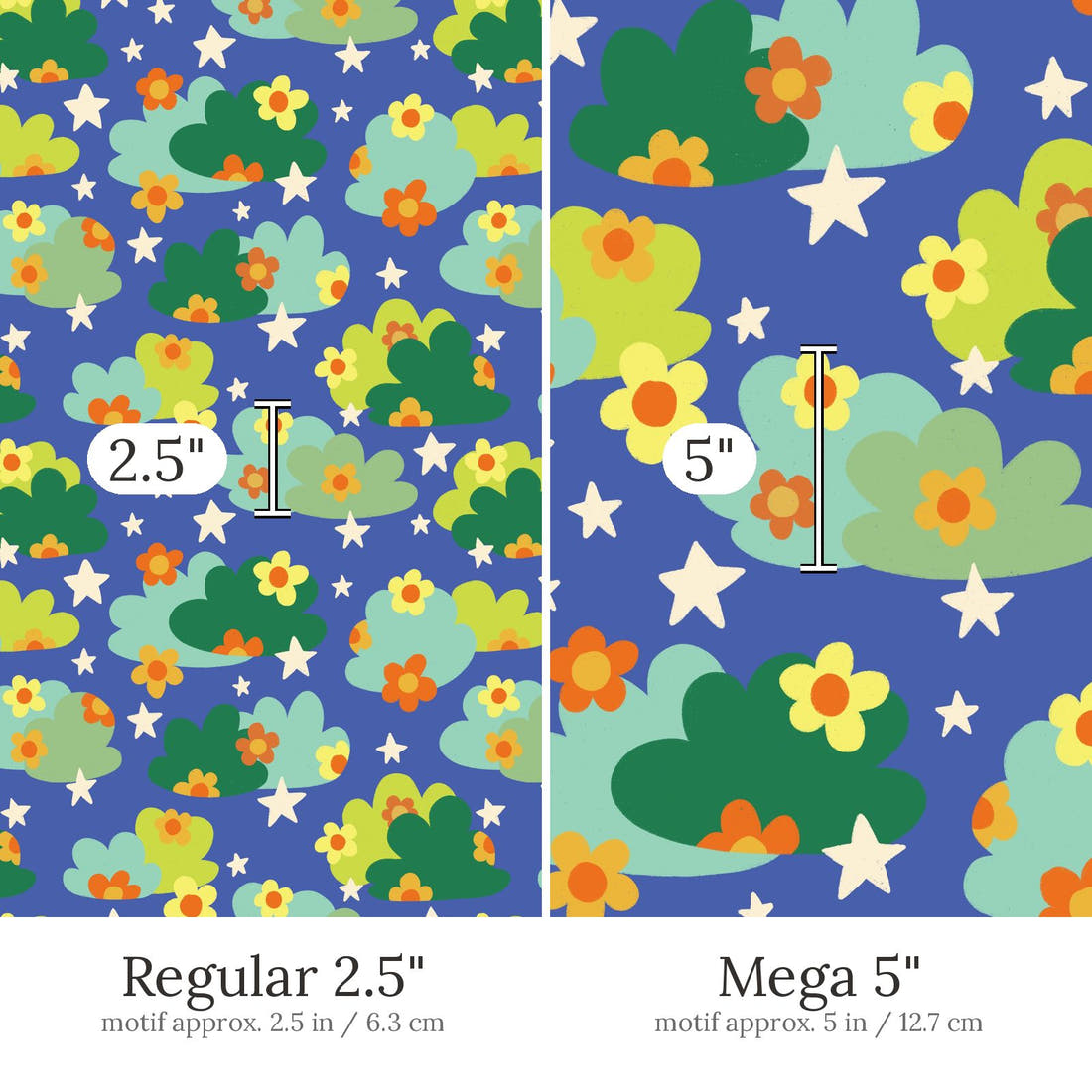 Rosie Browett 20 Regular 2.5 inch vs Mega 5 inch print scale side by side | Fabric by Missy Rose