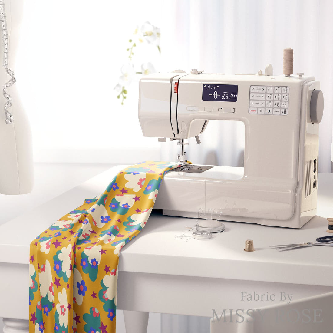 Rosie Browett 21 on a sewing machine - premium fabric for sewing projects | Fabric by Missy Rose