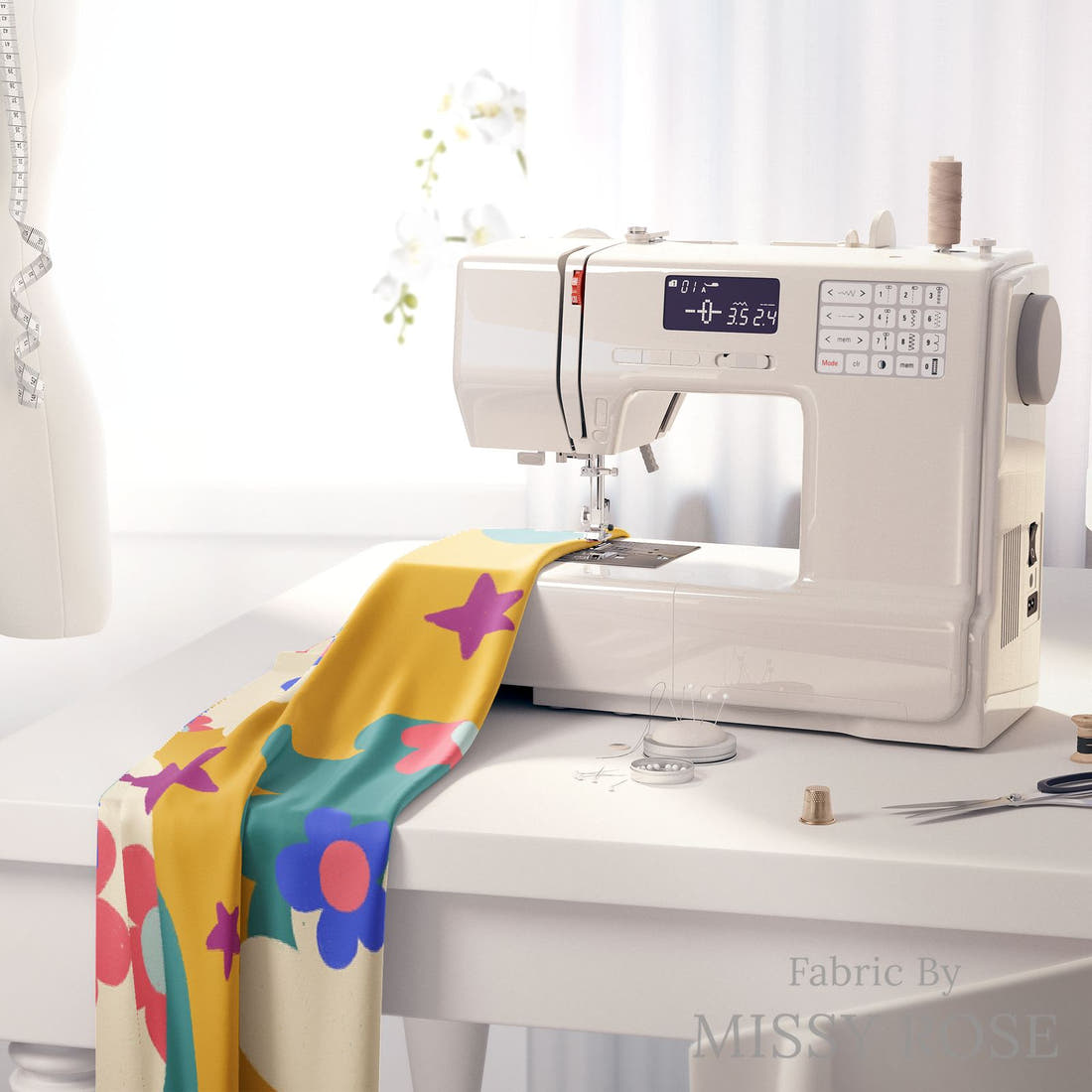 Rosie Browett 21 on a sewing machine - premium fabric for sewing projects | Fabric by Missy Rose