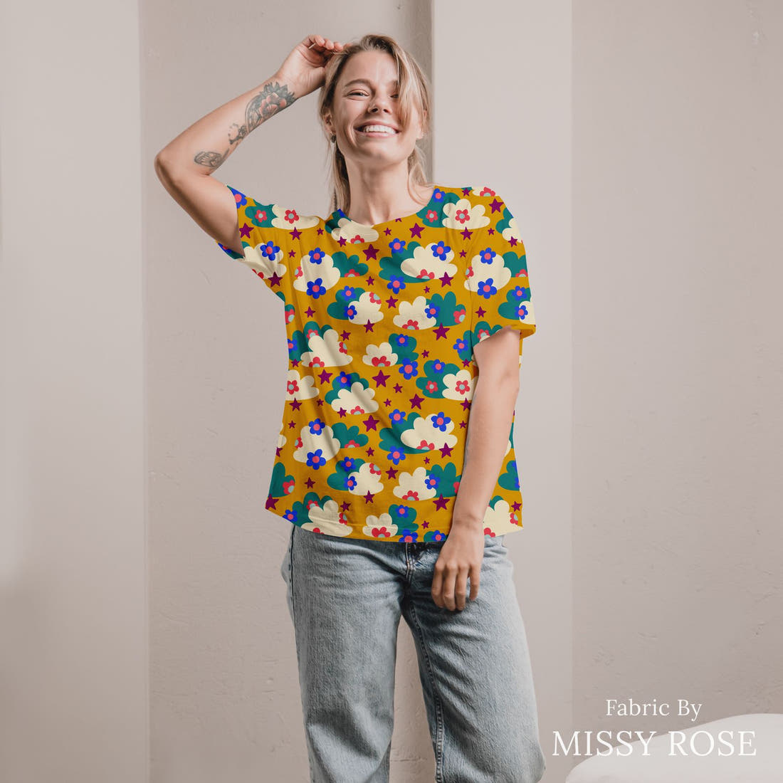 Rosie Browett 21 sewn into a allover shirt - see how the print looks made up | Fabric by Missy Rose