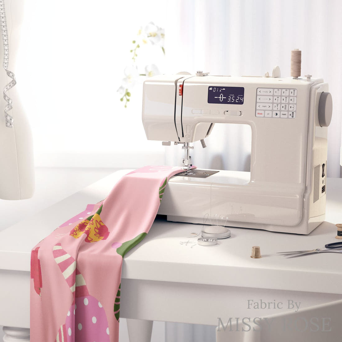 Rosie Browett 22 on a sewing machine - premium fabric for sewing projects | Fabric by Missy Rose