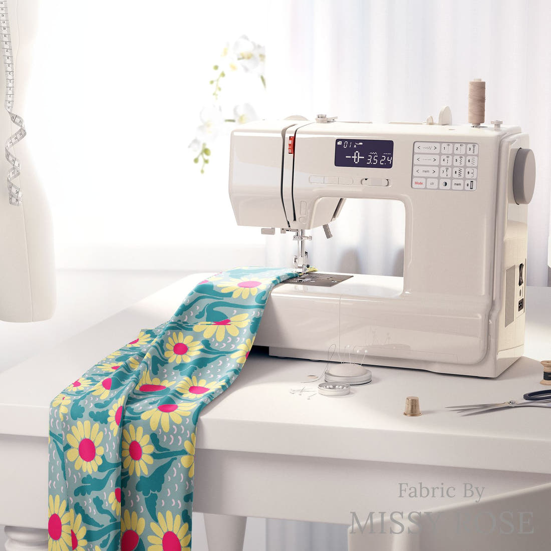 Rosie Browett 23 on a sewing machine - premium fabric for sewing projects | Fabric by Missy Rose