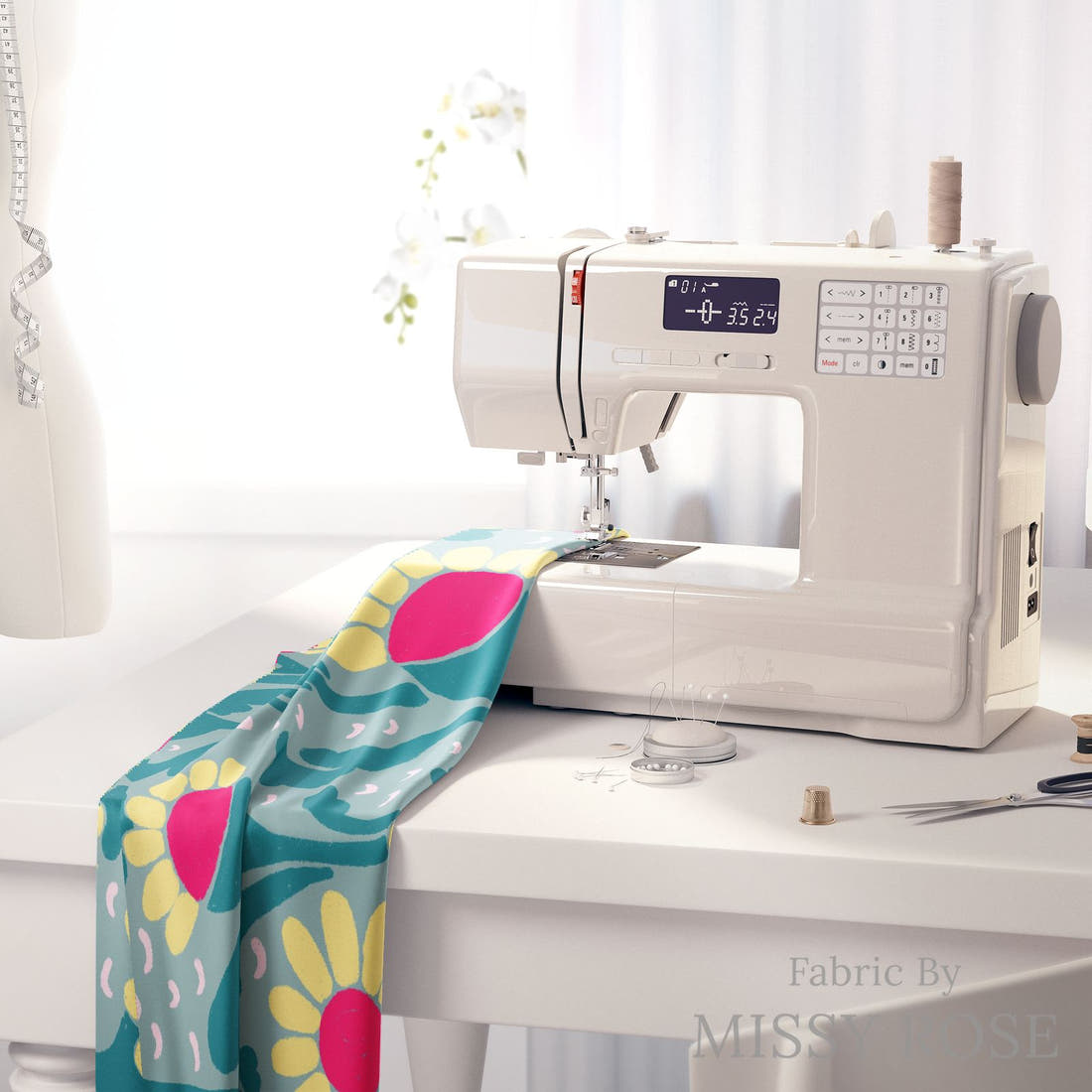 Rosie Browett 23 on a sewing machine - premium fabric for sewing projects | Fabric by Missy Rose